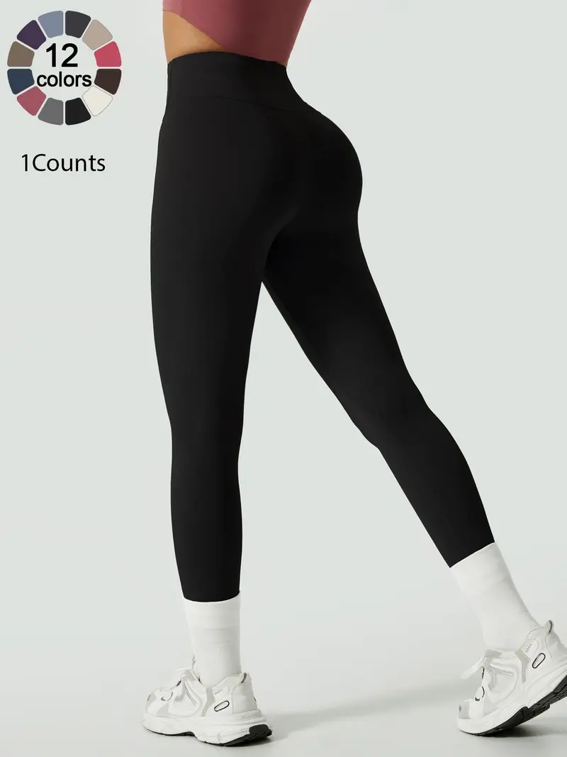 Women's Solid High Waist Sports Stretchy Athleisure Fitness Tight Fit High Waisted Leggings, Casual Comfy Breathable Athletic Skinny Fitness Training Pants for Yoga Gym Workout, Ladies Sportswear for All Seasons