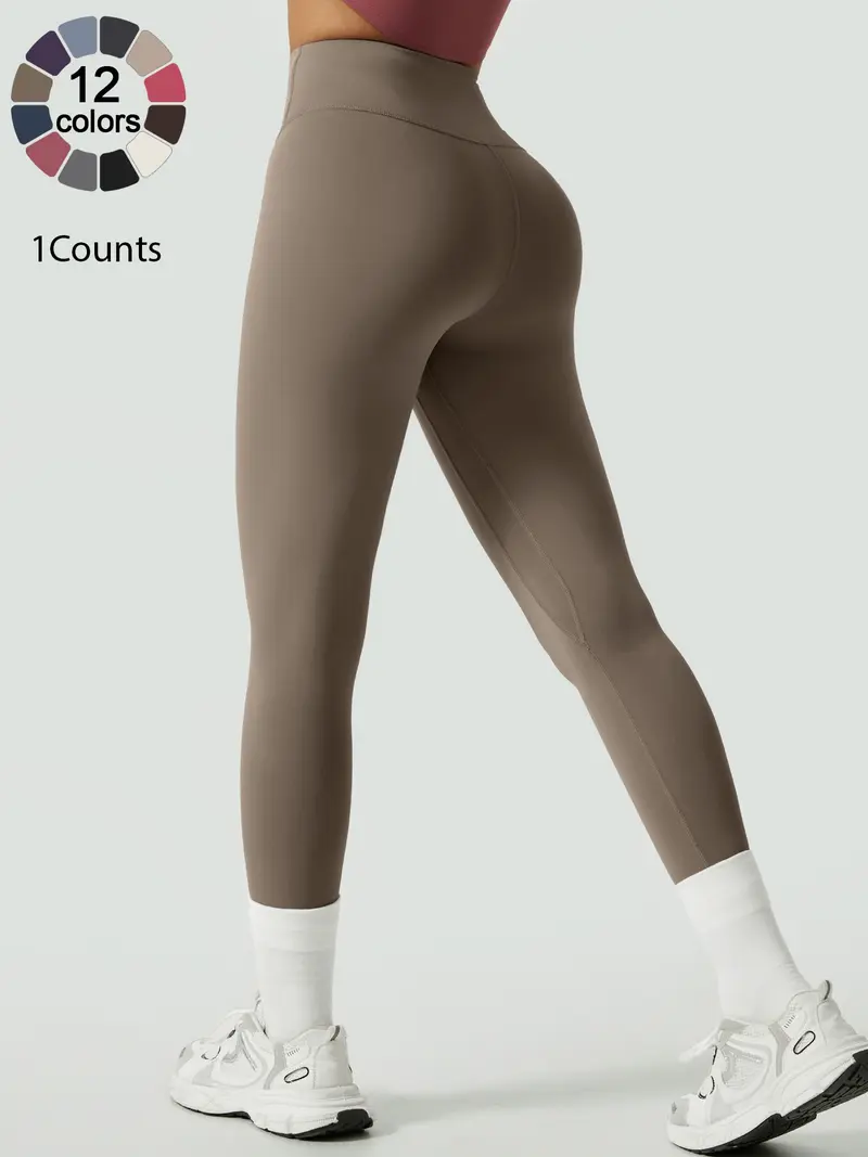 Women's Solid High Waist Sports Stretchy Athleisure Fitness Tight Fit High Waisted Leggings, Casual Comfy Breathable Athletic Skinny Fitness Training Pants for Yoga Gym Workout, Ladies Sportswear for All Seasons