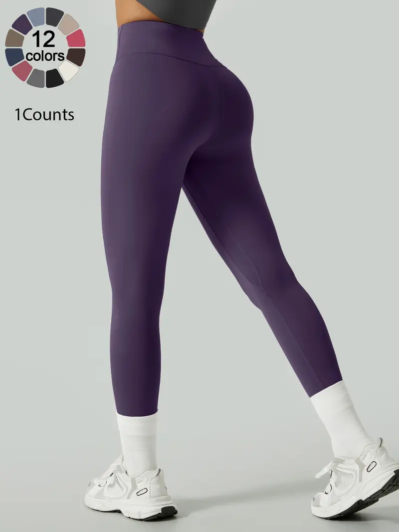 Women's Solid High Waist Sports Stretchy Athleisure Fitness Tight Fit High Waisted Leggings, Casual Comfy Breathable Athletic Skinny Fitness Training Pants for Yoga Gym Workout, Ladies Sportswear for All Seasons