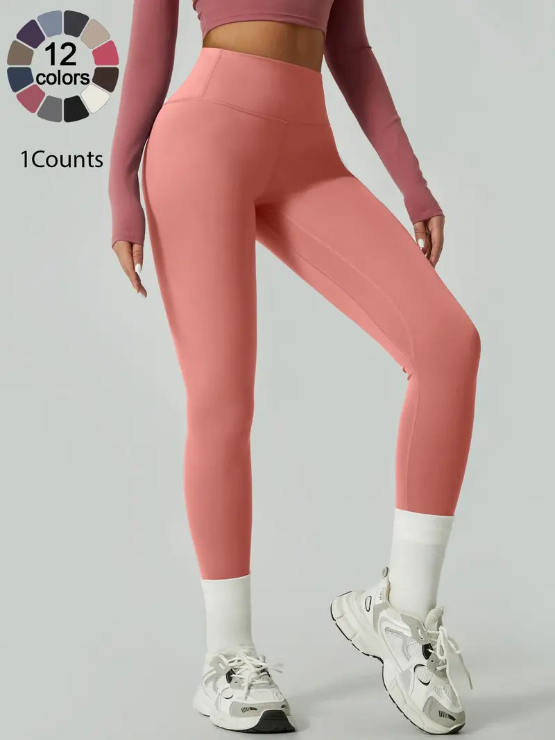 Women's Solid High Waist Sports Stretchy Athleisure Fitness Tight Fit High Waisted Leggings, Casual Comfy Breathable Athletic Skinny Fitness Training Pants for Yoga Gym Workout, Ladies Sportswear for All Seasons