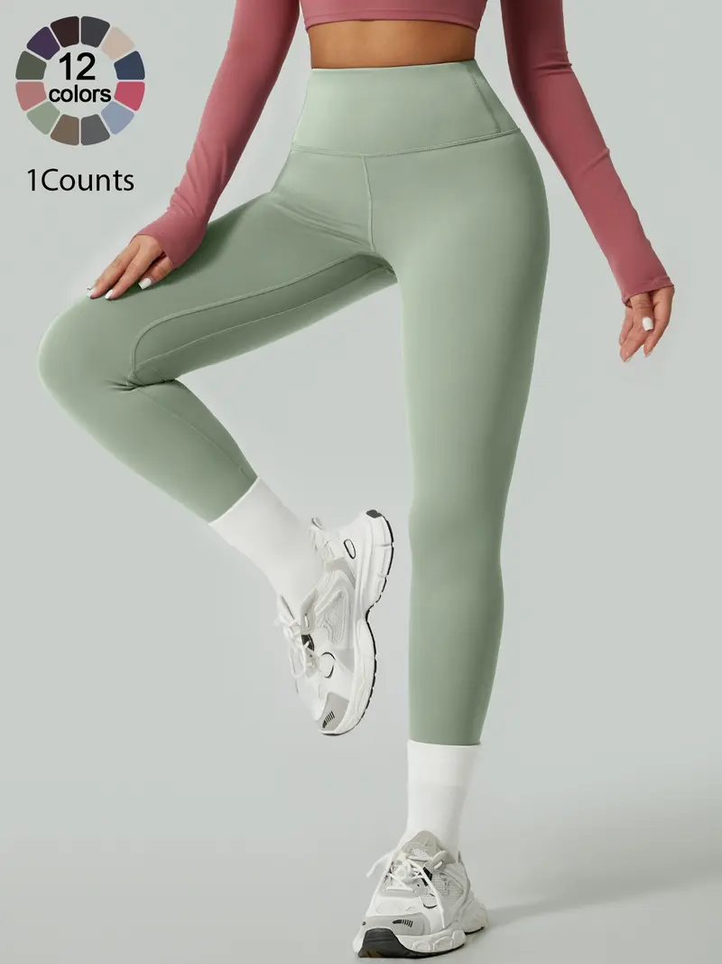 Women's Solid High Waist Sports Stretchy Athleisure Fitness Tight Fit High Waisted Leggings, Casual Comfy Breathable Athletic Skinny Fitness Training Pants for Yoga Gym Workout, Ladies Sportswear for All Seasons