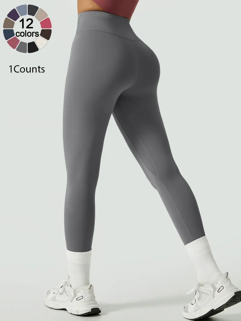 Women's Solid High Waist Sports Stretchy Athleisure Fitness Tight Fit High Waisted Leggings, Casual Comfy Breathable Athletic Skinny Fitness Training Pants for Yoga Gym Workout, Ladies Sportswear for All Seasons