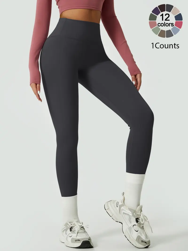 Women's Solid High Waist Sports Stretchy Athleisure Fitness Tight Fit High Waisted Leggings, Casual Comfy Breathable Athletic Skinny Fitness Training Pants for Yoga Gym Workout, Ladies Sportswear for All Seasons