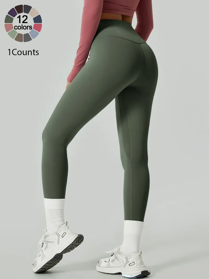 Women's Solid High Waist Sports Stretchy Athleisure Fitness Tight Fit High Waisted Leggings, Casual Comfy Breathable Athletic Skinny Fitness Training Pants for Yoga Gym Workout, Ladies Sportswear for All Seasons