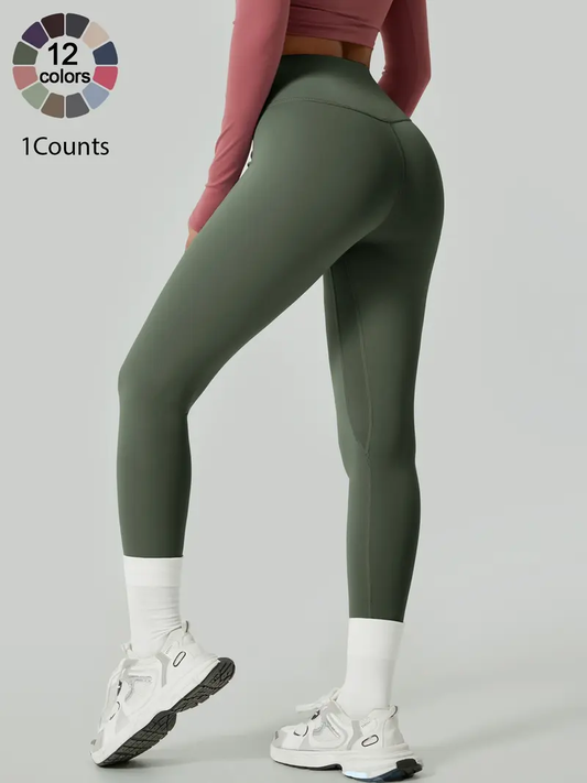 Women's Solid High Waist Sports Stretchy Athleisure Fitness Tight Fit High Waisted Leggings, Casual Comfy Breathable Athletic Skinny Fitness Training Pants for Yoga Gym Workout, Ladies Sportswear for All Seasons