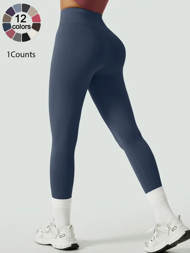 Women's Solid High Waist Sports Stretchy Athleisure Fitness Tight Fit High Waisted Leggings, Casual Comfy Breathable Athletic Skinny Fitness Training Pants for Yoga Gym Workout, Ladies Sportswear for All Seasons